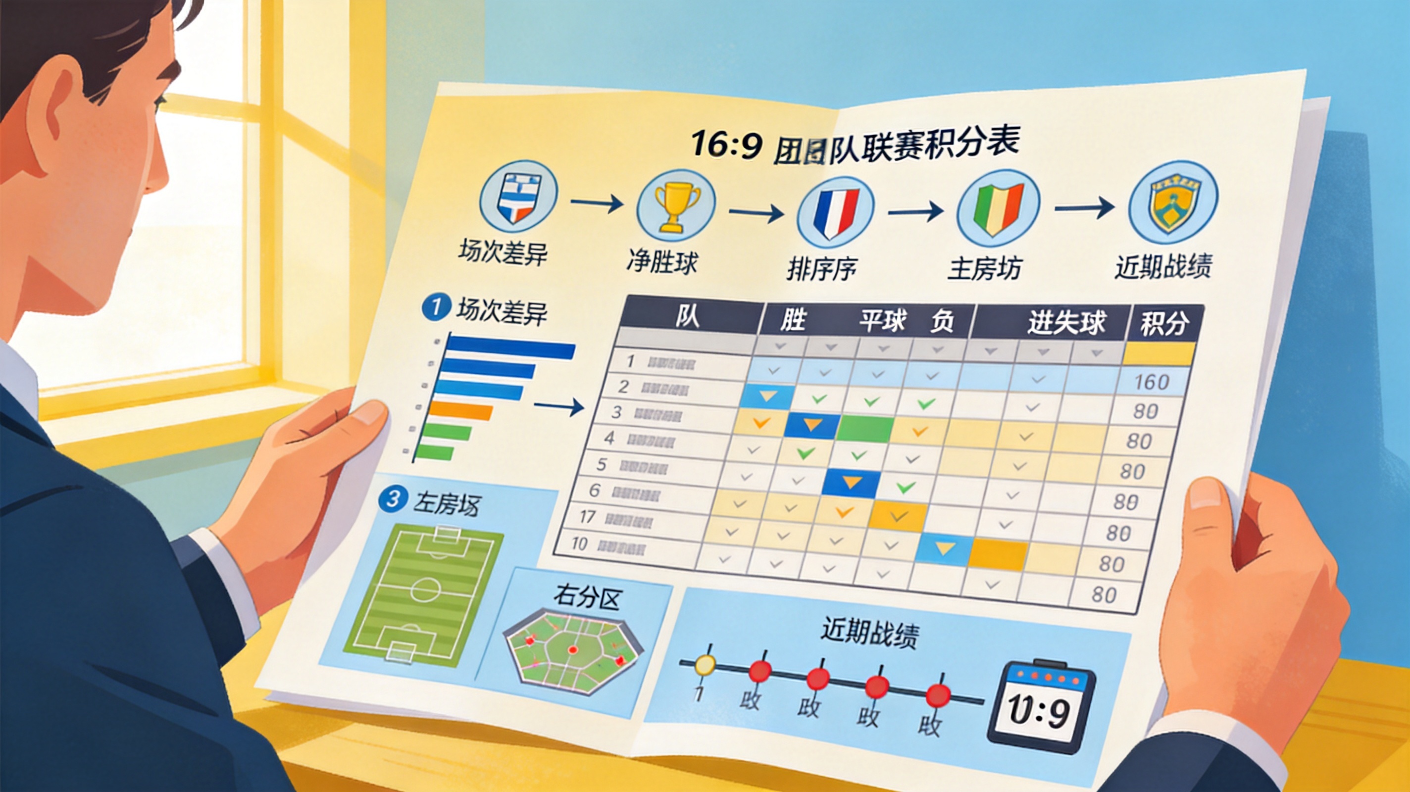 联赛积分榜与球队数据表格的结构示意图，包含胜平负、进失球与积分列
